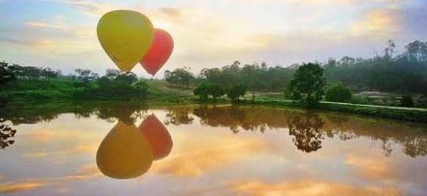 Hot Air Balloon Reflection In Lake Mareeba Atherton Tablelands Queensland Australia